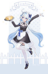 Rule 34 | 1girl, absurdres, ahoge, alternate costume, apron, arm up, black dress, black footwear, blue bow, blue eyes, blue hair, bow, commentary request, dress, enmaided, full body, furina (genshin impact), garter straps, genshin impact, hair bow, hair intakes, hand up, high heels, highres, holding, holding tray, juliet sleeves, long sleeves, maid, maid headdress, puffy sleeves, shoes, short dress, solo, thighhighs, tray, waist apron, white apron, white thighhighs, yukiri (l ii)