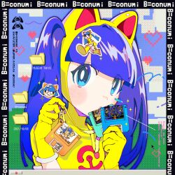Rule 34 | 1girl, absurdres, animal ears, animal hood, b=conumi (leper kamilah), best happiness, blue eyes, blue hair, blue sky, blunt bangs, blush, borrowed character, cat ears, cat hood, character name, closed mouth, commentary request, cursor, floppy disk, folder, gloves, grass, hair through headwear, hands up, heart, highres, hood, hood up, long hair, looking at viewer, original, pixelated, poster (medium), sky, solo, sparkle, sticker on face, taskbar, twintails, upper body, windows desktop, yellow gloves