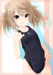 Rule 34 | 1girl, black one-piece swimsuit, blush, brown eyes, brown hair, competition swimsuit, covered navel, double bun, dutch angle, hair bun, highleg, highleg swimsuit, highres, inaba shiki, kantai collection, light brown hair, looking at viewer, michishio (kancolle), multicolored clothes, multicolored swimsuit, one-piece swimsuit, shadow, short hair, short twintails, smile, solo, swimsuit, twintails, two-tone swimsuit, white background