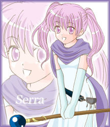 Rule 34 | 1girl, character name, cleric, dress, elbow gloves, fire emblem, fire emblem: the blazing blade, gloves, nintendo, pink hair, scarf, serra (fire emblem), solo, staff, twintails, white dress, zoom layer