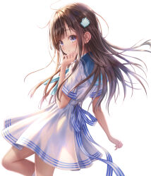 1girl blue_eyes blue_sailor_collar blush brown_hair commentary_request dress floating_hair goto_p hair_ornament highres long_hair looking_at_viewer original parted_lips sailor_collar sailor_dress see-through_silhouette simple_background solo white_background white_dress