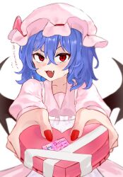 Rule 34 | 1girl, absurdres, ayo rimaisu, bat wings, blue hair, box, cellphone, dress, hair between eyes, heart-shaped box, highres, holding, holding box, looking at viewer, open mouth, phone, pink dress, pink headwear, red eyes, red nails, remilia scarlet, short hair, shy, simple background, solo, touhou, upper body, valentine, white background, wings