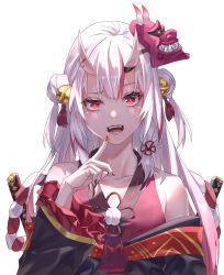 Rule 34 | 1girl, bare shoulders, bell, blush, collarbone, commentary request, double bun, fangs, finger to own chin, flower knot, hair bell, hair bun, hair ornament, hair ribbon, hand up, highres, hololive, horns, index finger raised, japanese clothes, long hair, long sleeves, looking at viewer, mask, mask on head, multicolored hair, nail polish, nakiri ayame, nakiri ayame (1st costume), off shoulder, oni, oni mask, open mouth, red eyes, red hair, red nails, ribbon, simple background, skin-covered horns, smile, solo, streaked hair, tight (ohmygod), virtual youtuber, white background, white hair