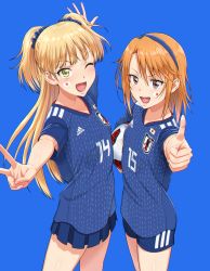 Rule 34 | 2018 fifa world cup, 2girls, ;d, adidas, ball, blonde hair, blue background, blush, brown eyes, clothes writing, facepaint, fang, green eyes, hairband, highres, holding, idolmaster, idolmaster cinderella girls, japan, japanese flag, jougasaki rika, long hair, looking at viewer, multiple girls, nigou, one eye closed, open mouth, orange hair, outstretched arms, scrunchie, short sleeves, shorts, simple background, skirt, smile, soccer ball, soccer uniform, sportswear, standing, thumbs up, two side up, v, world cup, yuuki haru
