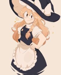Rule 34 | 1girl, apron, black hat, blonde hair, bow, braid, female focus, freckles, hat, hat bow, highres, kappce, kirisame marisa, long hair, side braid, simple background, single braid, smile, solo, standing, touhou, waist apron, white bow, witch hat