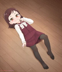 1girl artist_name becky_blackbell black_pantyhose blush bow bowtie brown_eyes brown_hair commission eroneko_senpai finger_to_face floor full_body long_sleeves looking_at_viewer lying no_shoes on_back on_floor pantyhose pixiv_commission red_skirt red_vest shirt short_hair skirt smile solo spy_x_family vest white_bow white_bowtie white_shirt wooden_floor