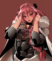 Rule 34 | 1boy, arms around neck, astolfo (fate), bishounen, black bow, black ribbon, bow, bowalia, braid, cloak, commentary, cross, cross necklace, fang, fate/apocrypha, fate/grand order, fate (series), fur-trimmed cloak, fur collar, fur trim, hair between eyes, hair intakes, hair ribbon, jewelry, long braid, long hair, looking at viewer, male focus, multicolored hair, necklace, pink hair, purple eyes, ribbon, single braid, solo, streaked hair, tongue, tongue out, trap, two-tone hair, white cloak