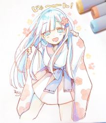 Rule 34 | 1girl, :d, art tools in frame, blue bow, blue eyes, blue flower, blue hair, blue kimono, blunt bangs, blush, bow, commentary, fingernails, flower, hair flower, hair ornament, hands up, head tilt, highres, japanese clothes, kimono, long hair, long sleeves, marker (medium), open mouth, original, personification, photo (medium), pinching sleeves, pleated skirt, plum blossoms, red flower, reiwa, signature, skirt, sleeves past wrists, smile, sofra, solo, traditional media, translated, very long hair, white skirt, wide sleeves