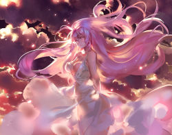 Rule 34 | 1girl, bare arms, bare shoulders, breasts, cleavage, cloud, cloudy sky, cowboy shot, dress, female focus, kishiyo, large breasts, long hair, md5 mismatch, megurine luka, pink eyes, pink hair, revision, shirt, sky, sleeveless, sleeveless shirt, solo, very long hair, vocaloid, white dress, wind