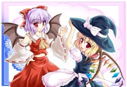 Rule 34 | 2girls, bat wings, blonde hair, bow, cosplay, detached sleeves, fang, female focus, flandre scarlet, hair bow, hakurei reimu, hakurei reimu (cosplay), hat, highres, hiiragi tomoka, if they mated, japanese clothes, kirisame marisa, kirisame marisa (cosplay), light purple hair, midriff, miko, multiple girls, red eyes, remilia scarlet, siblings, sisters, touhou, wings, witch, witch hat