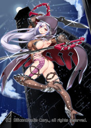 Rule 34 | 1girl, armpits, ass, blush, breasts, brown gloves, brown thighhighs, cloak, dual wielding, gloves, gyakushuu no fantasica, high heels, holding, holding sword, holding weapon, hood, hooded cloak, large breasts, long hair, looking at viewer, parted lips, red eyes, revealing clothes, shinozuka atsuto, sideboob, silver hair, smile, solo, sword, thighhighs, very long hair, weapon