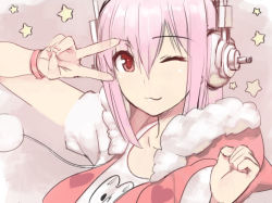 Rule 34 | 1girl, ;3, blush, breasts, headphones, large breasts, long hair, looking at viewer, nitroplus, one eye closed, pink hair, red eyes, sinov mimori, smile, solo, super sonico, v, v over eye, wink