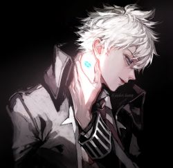 Rule 34 | 1boy, black background, blue eyes, charles-henri sanson (fate), closed mouth, coat, collared shirt, fate/grand order, fate (series), from side, hair between eyes, holding, jacket, koshika rina, long sleeves, male focus, necktie, profile, shirt, short hair, solo, white hair