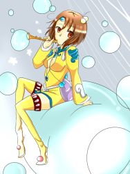 Rule 34 | 1girl, between breasts, boots, breasts, brown eyes, brown hair, bubble, cleavage, cleavage cutout, clothing cutout, dress, hair ornament, norma beatty, short hair, tales of (series), tales of legendia, thigh boots, thighhighs