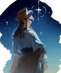 Rule 34 | 1girl, airrs, blue eyes, brown hair, brown headwear, brown skirt, fors wall, from behind, highres, long hair, looking to the side, lord of the mysteries, night, night sky, ribbon, shawl, shirt, skirt, sky, solo, star (sky), starry sky, white shirt