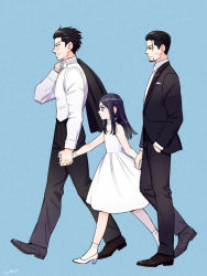 Rule 34 | 10s, 1girl, 2boys, alternate costume, artist name, asirpa, black footwear, black hair, blue background, bow, bowtie, collared shirt, contemporary, dress, dress shoes, earrings, facial hair, formal, full body, gloves, golden kamuy, hair slicked back, holding hands, hand in pocket, high heels, hoop earrings, jewelry, long hair, multiple boys, ogata hyakunosuke, over shoulder, pants, profile, scar, scar on face, shirt, short hair, signature, simple background, stubble, sugimoto saichi, suit, walking, white dress, white footwear, white gloves, yasumi (yyysm a)