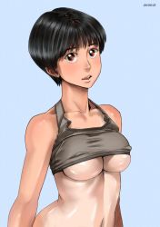 Rule 34 | 1girl, ayumu (zenkou), bare shoulders, black hair, blue background, blush, bra, bra lift, breasts, clothes lift, covered erect nipples, dated, large breasts, looking at viewer, navel, one-piece tan, open mouth, original, shiny skin, shirt lift, short hair, simple background, solo, sports bra, sports bra lift, tan, tanline, underboob, underwear, zenkou