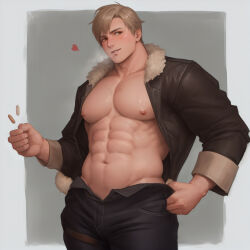 Rule 34 | 1boy, abs, bara, bare pectorals, black pants, blush, brown hair, bullet, chiris 110, heart, highres, jacket, large pectorals, leather, leather jacket, leon s. kennedy, male focus, muscular, muscular male, navel, nipples, open clothes, open jacket, open pants, pants, pectorals, resident evil, resident evil 4, resident evil 4 (remake), short hair, simple background, smile, solo