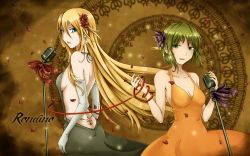 Rule 34 | 2girls, back tattoo, backless dress, backless outfit, blonde hair, blue eyes, breasts, brown background, butterfly hair ornament, cleavage, dress, elbow gloves, gloves, green eyes, green hair, gumi, hair between eyes, hair ornament, halter dress, halterneck, highres, lily (vocaloid), long hair, looking back, microphone, microphone stand, multiple girls, red ribbon, ribbon, short hair, sideboob, song name, tattoo, tramp stamp, very long hair, vocaloid, yaya (y8ay8a)