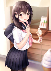 1girl bag black_pantyhose blue_sailor_collar blue_skirt blush bow brown_eyes brown_hair eating hair_bow highres holding holding_spoon ice_cream_cone indoors looking_at_viewer mirror neckerchief open_mouth original pantyhose pink_bow pink_neckerchief pleated_skirt sailor_collar school_bag school_uniform serafuku shirt short_hair short_sleeves skirt smile solo spoon standing white_shirt yukimaru217