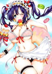 Rule 34 | 1girl, absurdres, apron, bikini, blue eyes, blue hair, blush, breasts, candy, cleavage, covered erect nipples, food, front-tie bikini top, front-tie top, headdress, highres, hmdark-9, long hair, looking at viewer, macaron, maid, mouth hold, navel, one eye closed, original, popsicle, side-tie bikini bottom, solo, sweets, swimsuit, traditional media, twintails, wrist cuffs