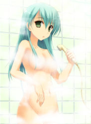 Rule 34 | 10s, 1girl, bathing, breasts, censored, convenient censoring, green eyes, green hair, kantai collection, long hair, matching hair/eyes, navel, nude, shower head, solo, steam, steam censor, suzuya (kancolle), takepon