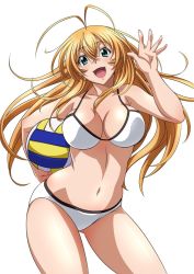 Rule 34 | 00s, 1girl, antenna hair, artist request, ball, bikini, blonde hair, fang, holding, holding ball, ikkitousen, looking at viewer, navel, open mouth, simple background, smile, solo, sonsaku hakufu, source request, swimsuit, thighs, volleyball (object), white background, white bikini