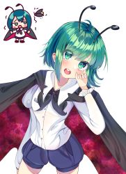 Rule 34 | 1girl, absurdres, antennae, black cape, blue shorts, blush, breasts, bug, cape, chibi, chibi inset, collared shirt, commentary request, cowboy shot, eyes visible through hair, firefly, green eyes, green hair, highres, insect, long sleeves, looking at viewer, open mouth, red cape, shirt, short hair, shorts, simple background, small breasts, tearing up, touhou, two-sided cape, two-sided fabric, white background, white shirt, wriggle nightbug, yyghh ii
