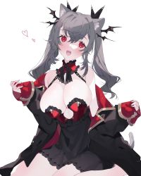 Rule 34 | 1girl, animal ears, bad id, bad pixiv id, bat hair ornament, black bow, blush, bow, breasts, cleavage, dress, fangs, frills, grey hair, hair ornament, heart, highres, large breasts, long hair, looking at viewer, naomasap, open mouth, original, red eyes, sidelocks, simple background, sitting, solo, tail, teeth, twintails, wariza, white background