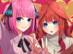 Rule 34 | 2girls, :o, ahoge, black ribbon, blue eyes, blunt bangs, blush, butterfly hair ornament, casual, collared shirt, commentary, eyebrows hidden by hair, eyelashes, go-toubun no hanayome, grin, hair between eyes, hair ornament, hair ribbon, hand up, heart, heart background, highres, jewelry, long hair, looking at viewer, medium hair, multiple girls, nail polish, nakano itsuki, nakano nino, necklace, no hair ornament, open mouth, pink nails, pink shirt, red background, red hair, red ribbon, ribbon, selfie, shirt, siblings, sidelocks, simple background, sisters, sleeves past wrists, smile, straight-on, straight hair, tamago sando, twins, two side up, upper body, upturned eyes, v