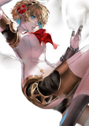 Rule 34 | 1girl, aegis (persona), android, blazpu, blonde hair, blue eyes, bow, detached collar, from side, gold trim, headband, headphones, highres, joints, looking afar, mechanical arms, mechanical parts, necktie, persona, persona 3, red bow, red necktie, robot, robot ears, robot joints, short hair, simple background, solo, white background