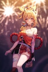 Rule 34 | 1girl, aerial fireworks, arm tattoo, atychi, backlighting, bandaged arm, bandaged leg, bandages, blonde hair, blurry, bracelet, breasts, chest tattoo, choker, cleavage, collarbone, commentary request, dangle earrings, depth of field, earrings, fireworks, genshin impact, hadanugi dousa, hair between eyes, hair ornament, highres, japanese clothes, jewelry, kimono, long hair, looking at viewer, medium breasts, night, night sky, obi, open clothes, open kimono, outdoors, parted lips, pendant choker, ponytail, pouch, red choker, sarashi, sash, short kimono, sidelocks, single earring, sky, solo, tattoo, yellow eyes, yoimiya (genshin impact)