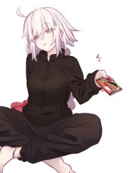 Rule 34 | 1girl, braid, braided ponytail, breasts, candy, chocolate, chocolate bar, fate/grand order, fate (series), food, highres, jeanne d&#039;arc (fate), jeanne d&#039;arc alter (avenger) (fate), jeanne d&#039;arc alter (fate), large breasts, long sleeves, looking at viewer, looking to the side, mitsurugi sugar, short hair, silver hair, sitting, solo, yellow eyes