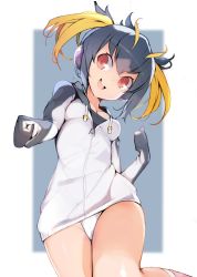 Rule 34 | 10s, 1girl, :d, ataruman, black hair, blonde hair, breasts, commentary request, drawstring, headphones, highres, hood, hooded jacket, jacket, kemono friends, long sleeves, looking at viewer, looking down, medium breasts, multicolored hair, open mouth, red eyes, rockhopper penguin (kemono friends), short hair, smile, solo, thighs, twintails