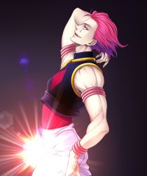 Rule 34 | 1boy, :q, arm strap, arm up, bracelet, brown eyes, chimachi, from side, hisoka (hunter x hunter), hunter x hunter, jewelry, leaning back, looking up, male focus, pants, phallic symbol, pink hair, short hair, sleeveless, solo, tongue, tongue out, white pants