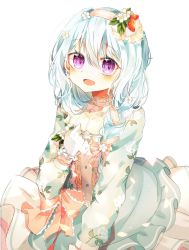 Rule 34 | 1girl, :d, alternate hairstyle, bang dream!, blue hair, blush, braid, clenched hand, dress, earrings, floral print, flower, flower earrings, food-themed hair ornament, gloves, hair between eyes, hair flower, hair ornament, hair over shoulder, hair ribbon, hairband, hand on own chest, highres, jewelry, long sleeves, looking at viewer, matsubara kanon, mirumo (tkxh00 1), open mouth, pink ribbon, print dress, purple eyes, ribbon, simple background, single braid, smile, solo, strawberry hair ornament, white background, white flower, white gloves