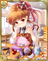 Rule 34 | 1girl, amari akari, apron, bandages, brown hair, card (medium), character name, classroom, closed mouth, crown, girlfriend (kari), green skirt, hair ornament, indoors, jar, looking at object, multicolored hair, nail polish, official art, open hand, plaid, plaid skirt, qp:flapper, red eyes, red hair, red nails, school uniform, sewing, shirt, short hair, side ponytail, sitting, skirt, smile, solo, solo focus, striped clothes, striped thighhighs, thighhighs, white shirt, zettai ryouiki