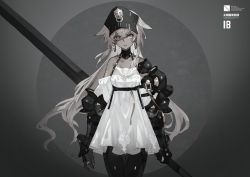 Rule 34 | 1girl, armor, bracer, choker, colored skin, couter, dark skin, detached sleeves, dress, earrings, glowing, glowing eyes, grey eyes, grey skin, hoop earrings, jewelry, long hair, looking at viewer, neco, original, ring, weapon, white hair