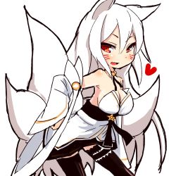 Rule 34 | 1girl, animal ears, bad id, bad pixiv id, bare shoulders, blush, breasts, cleavage, detached sleeves, facial mark, fang, fox ears, fox tail, heart, large breasts, long hair, lowres, multiple tails, open mouth, phantasy star, phantasy star online 2, red eyes, silver hair, solo, tail, teranekosu, thighhighs