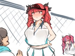 Rule 34 | 1boy, 2girls, azur lane, black ribbon, blunt bangs, blush, blush stickers, breasts, bremerton (azur lane), bremerton (azur lane) (cosplay), bremerton (scorching-hot training) (azur lane), chain-link fence, closed eyes, commentary request, cosplay, crop top, crop top overhang, faceless, faceless male, fence, hair ribbon, hands on own hips, heart, heart necklace, honolulu (azur lane), huge breasts, jewelry, large breasts, leaning forward, look-alike, looking at another, multicolored hair, multiple girls, necklace, pink eyes, pink hair, red eyes, red hair, ribbon, see-through, serious, shiming liangjing, shirt, sleeveless, sleeveless shirt, towel, towel around neck, twintails, two-tone shirt, upper body, visor cap