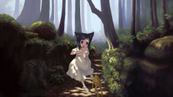 Rule 34 | amami mikihiro, amamiya mikihiro, animal ears, black eyes, black hair, cat ears, cat tail, child, forest, frog, nature, open mouth, original, outdoors, paw pose, scenery, short hair, solo, tail, tree