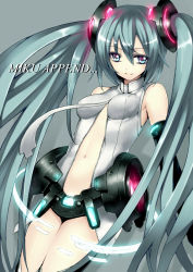 Rule 34 | 1girl, aqua eyes, aqua hair, bad id, bad pixiv id, belt, center opening, character name, elbow gloves, gloves, hatsune miku, hatsune miku (append), long hair, navel, necktie, smile, solo, takemori shintarou, twintails, very long hair, vocaloid, vocaloid append