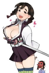 Rule 34 | 2girls, arms behind back, black jacket, black skirt, blouse, braid, breasts, collared shirt, cosplay, dango, douki-chan (douki-chan), food, ganbare douki-chan, green legwear, heart, highres, implied pantyshot, jacket, kanroji mitsuri, kanroji mitsuri (cosplay), kimetsu no yaiba, kouhai-chan (douki-chan), large breasts, long sleeves, looking at viewer, mask, miniskirt, mole, mole on breast, mole on cheek, multiple girls, no bra, open clothes, open jacket, open mouth, open shirt, shirt, skirt, smile, standing, sword, tengu mask, thighhighs, thighs, twin braids, urokodaki sakonji, urokodaki sakonji (cosplay), wagashi, weapon, white background, white shirt, yomu (sgt epper)