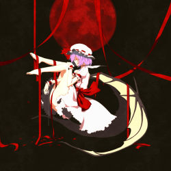 Rule 34 | 1girl, barefoot, blood, bloody tears, bow, dress, closed eyes, feet, female focus, full moon, hat, highres, mitsusaka mitsumi, moon, purple hair, red moon, remilia scarlet, ribbon, solo, touhou, wings
