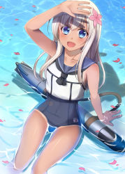 Rule 34 | 10s, 1girl, blonde hair, blue eyes, crop top, flower, gradient background, hair flower, hair ornament, hasu (velicia), highres, kantai collection, long hair, one-piece swimsuit, open mouth, partially submerged, ro-500 (kancolle), school swimsuit, smile, solo, swimsuit, swimsuit under clothes, tan, tanline