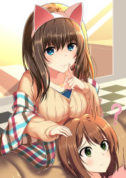 Rule 34 | 2girls, ?, absurdres, animal ears, bare shoulders, black hair, blue eyes, blush, breast rest, breasts, breasts on head, brown hair, carried breast rest, carrying, cat ears, collarbone, fake animal ears, finger to mouth, green eyes, hairband, highres, idolmaster, idolmaster cinderella girls, inui kentarou, jewelry, large breasts, long hair, looking at viewer, maekawa miku, multiple girls, necklace, off-shoulder sweater, off shoulder, pendant, ribbed sweater, sagisawa fumika, shawl, short hair, shushing, smile, sweater