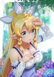 Rule 34 | 1girl, :o, alternate costume, arm up, bare shoulders, blonde hair, blue flower, braid, breasts, cleavage, collarbone, detached sleeves, flower, green eyes, hair between eyes, hair ornament, hand on own chest, hand up, highres, hydrangea, jewelry, ken-ji, large breasts, leafa, long hair, long sleeves, looking at viewer, necklace, open mouth, outdoors, pointy ears, ponytail, purple flower, rain, side braid, solo, sword art online, twin braids, wet, wet clothes, white sleeves