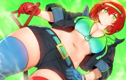 Rule 34 | 1girl, absurdres, ba, bandeau, belt, black shorts, blue gloves, breasts, closed mouth, from below, gloves, green eyes, highres, jacket, large breasts, looking at viewer, medium hair, midriff, navel, niwarhythm, original, red gloves, red hair, shorts, simple background, solo, thighhighs