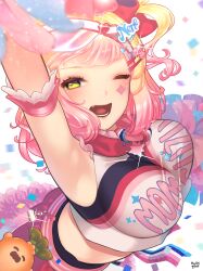 Rule 34 | 1girl, absurdres, arm up, armband, armpits, artist name, blonde hair, blush, breasts, cheerleader, facial mark, fang, from above, glint, glitter, gradient hair, green eyes, highres, hololive, huusri, large breasts, looking at viewer, midriff, momosuzu nene, momosuzu nene (cheerleader), multicolored hair, nekko (momosuzu nene), official alternate costume, one eye closed, open mouth, pink hair, pink skirt, pom pom (cheerleading), romaji commentary, shirt, signature, skirt, sleeveless, sleeveless shirt, smile, teeth, two-tone hair, virtual youtuber, white background, white shirt