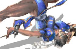 Rule 34 | 1girl, bracelet, capcom, china dress, chinese clothes, chun-li, commentary request, dress, jewelry, kicking, panties, pantyhose, pelvic curtain, sash, scan, solo, spiked bracelet, spikes, spinning bird kick, street fighter, thick thighs, thighs, underwear, upside-down, yasuda akira